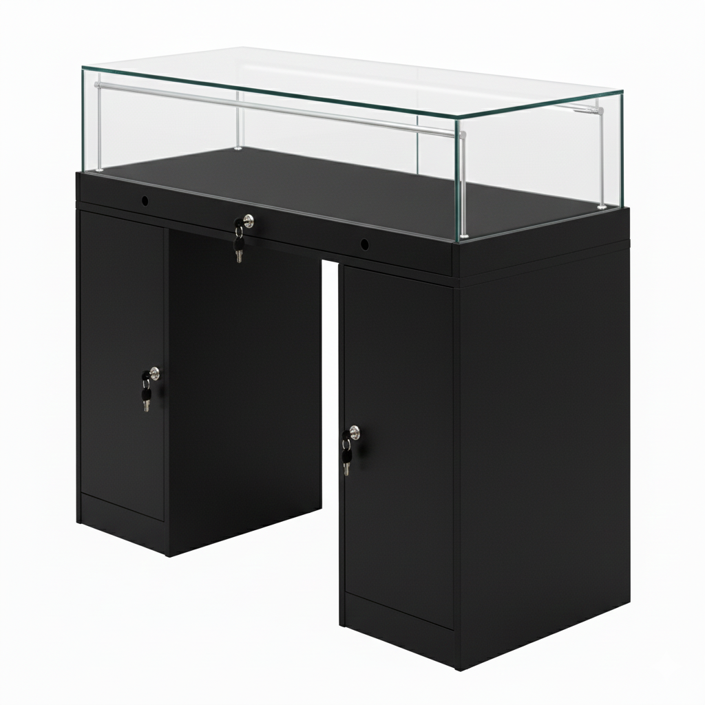 Halo Black Glass Display Showcase Counter with 2 Narrow Lockable Cupboards
