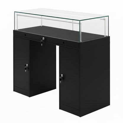 Halo Black Glass Display Showcase Counter with 2 Narrow Lockable Cupboards