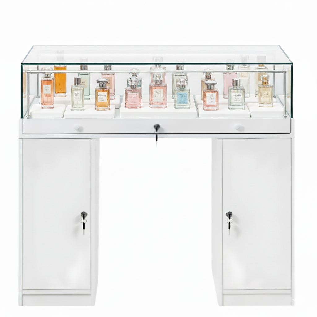 Halo White Glass Display Showcase Counter with 2 Narrow Lockable Cupboards
