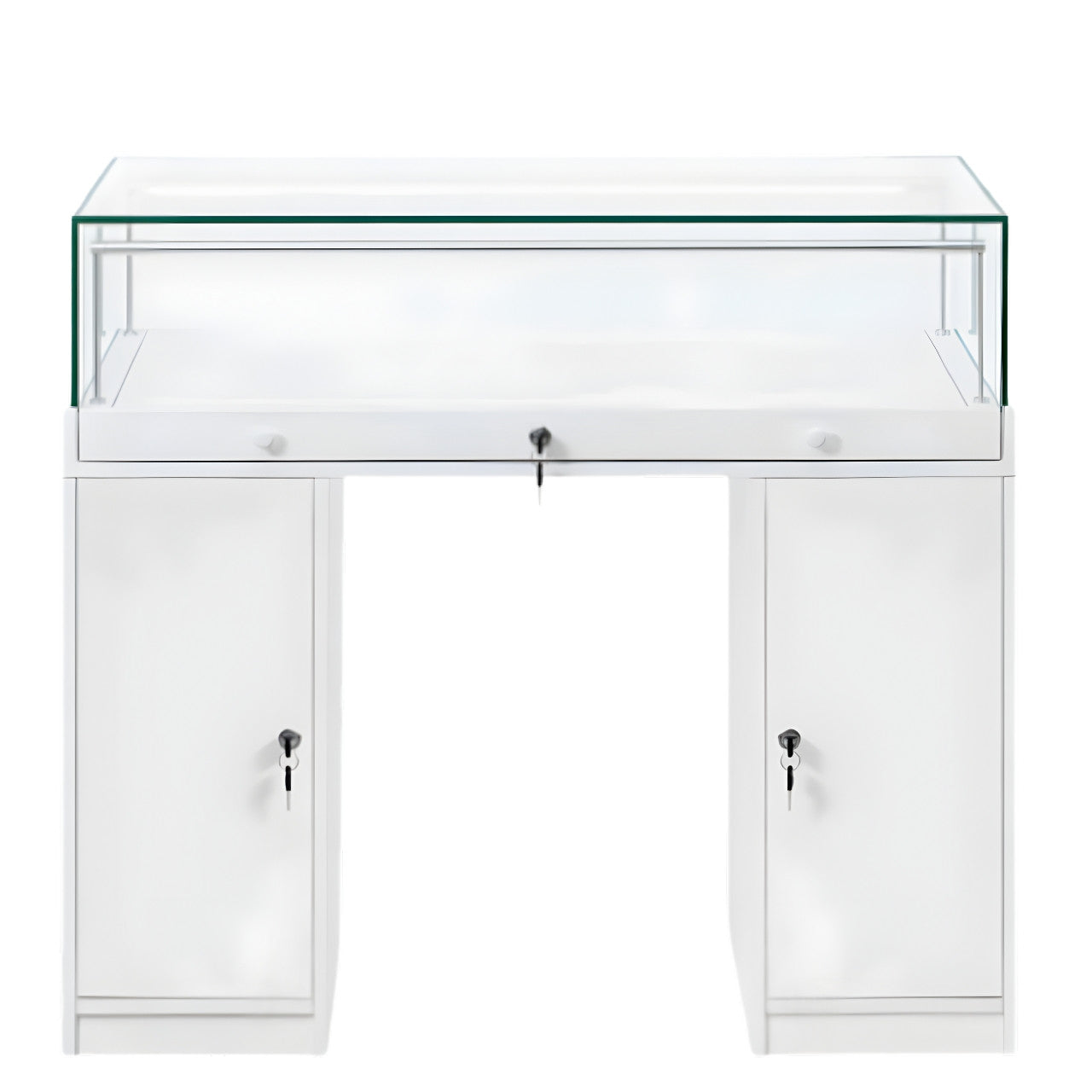 Halo White Glass Display Showcase Counter with 2 Narrow Lockable Cupboards