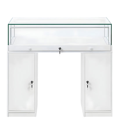 Halo White Glass Display Showcase Counter with 2 Narrow Lockable Cupboards