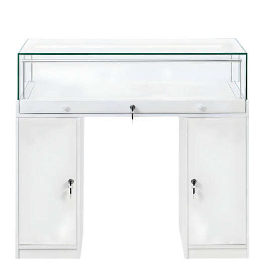Halo White Glass Display Showcase Counter with 2 Narrow Lockable Cupboards