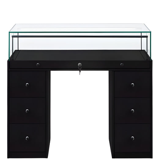 Halo Black Glass Display Showcase Counter with 6 Narrow Drawers