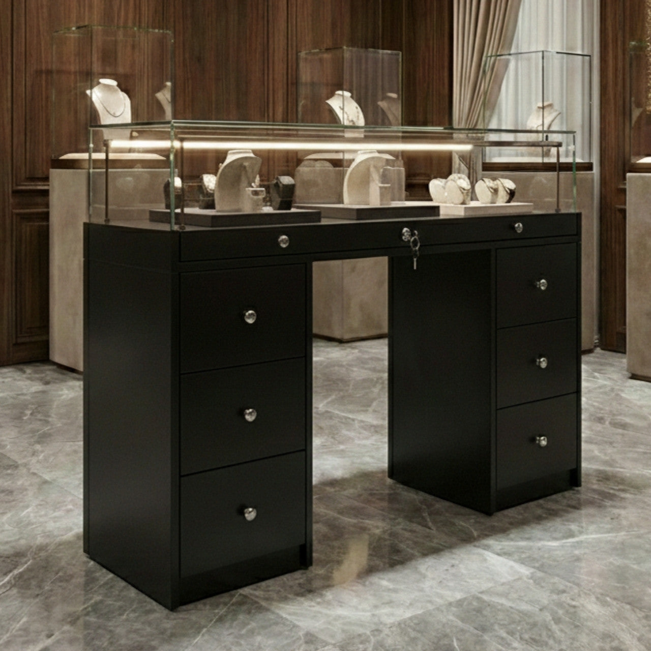 Halo Black Glass Display Showcase Counter with 6 Narrow Drawers