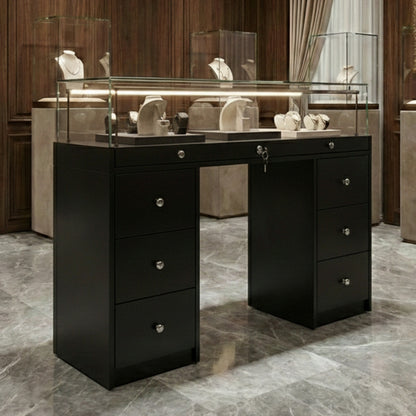 Halo Black Glass Display Showcase Counter with 6 Narrow Drawers