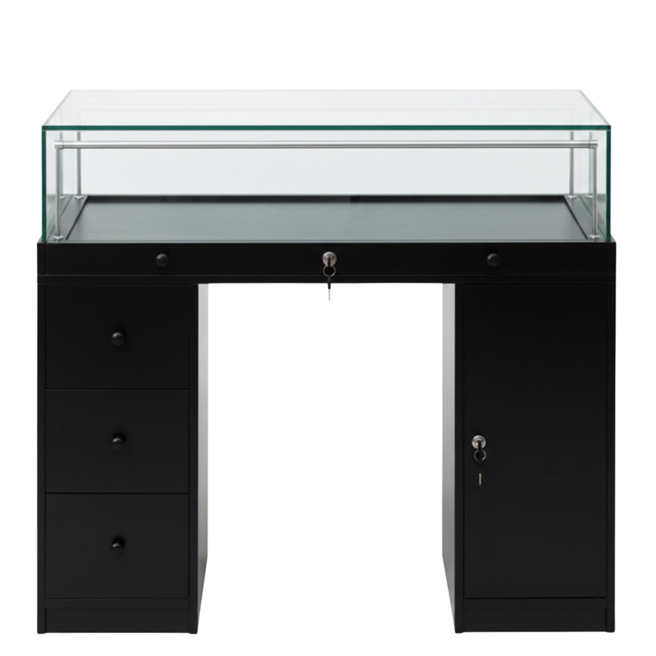 Halo Black Glass Display Showcase Counter with Narrow Lockable Cupboard & 3 Drawers