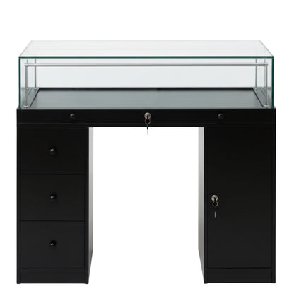 Halo Black Glass Display Showcase Counter with Narrow Lockable Cupboard & 3 Drawers