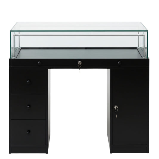 Halo Black Glass Display Showcase Counter with Narrow Lockable Cupboard & 3 Drawers