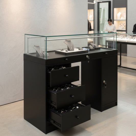 Halo Black Glass Display Showcase Counter with Narrow Lockable Cupboard & 3 Drawers