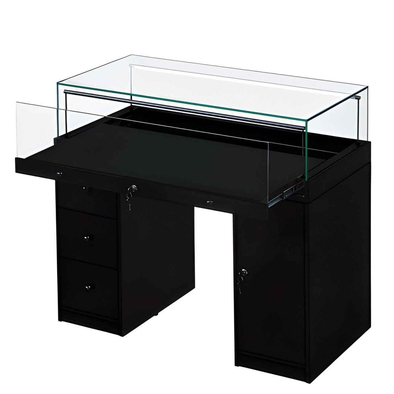 Halo Black Glass Display Showcase Counter with Narrow Lockable Cupboard & 3 Drawers
