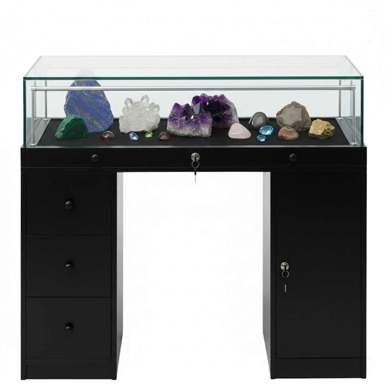 Halo Black Glass Display Showcase Counter with Narrow Lockable Cupboard & 3 Drawers