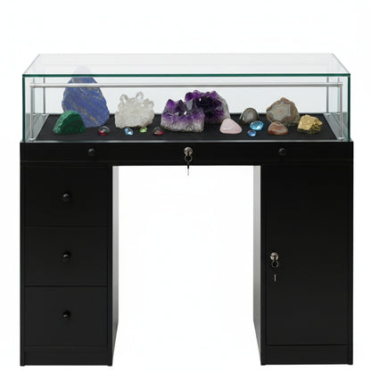 Halo Black Glass Display Showcase Counter with Narrow Lockable Cupboard & 3 Drawers