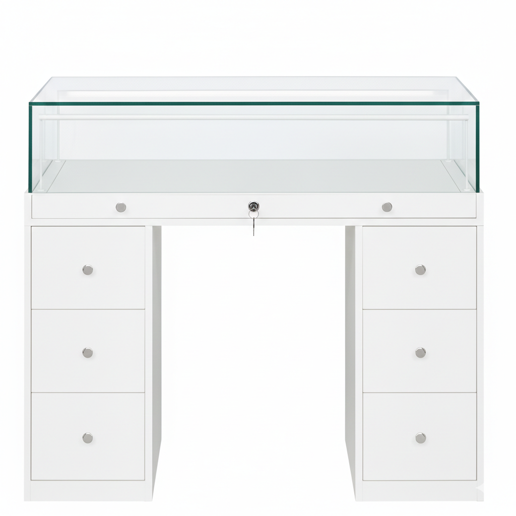 Halo White Glass Display Showcase Counter with 6 Narrow Drawers