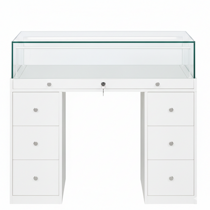 Halo White Glass Display Showcase Counter with 6 Narrow Drawers