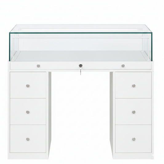 Halo White Glass Display Showcase Counter with 6 Narrow Drawers