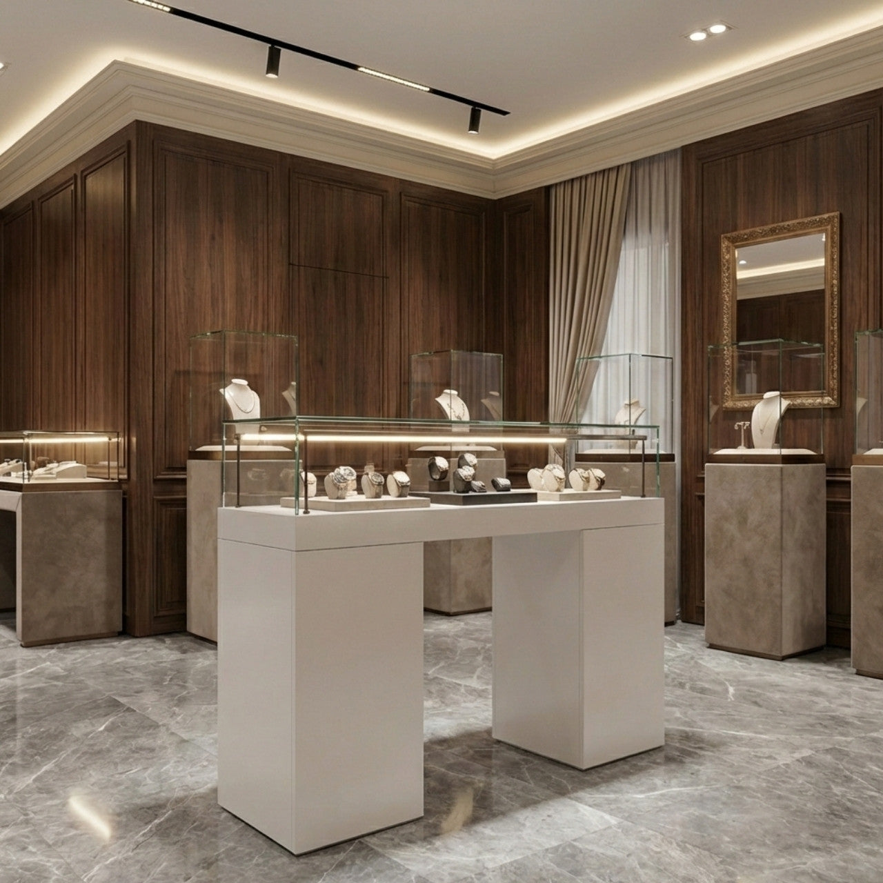 Halo White Glass Display Showcase Counter with 6 Narrow Drawers