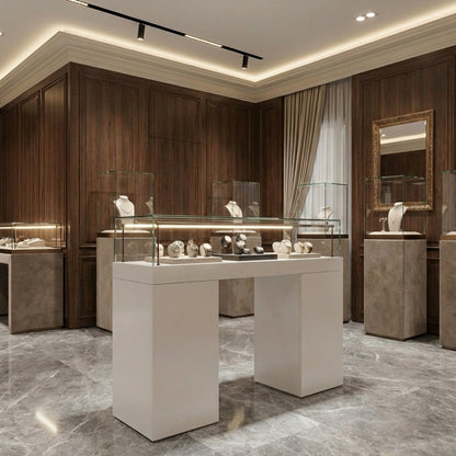 Halo White Glass Display Showcase Counter with 6 Narrow Drawers