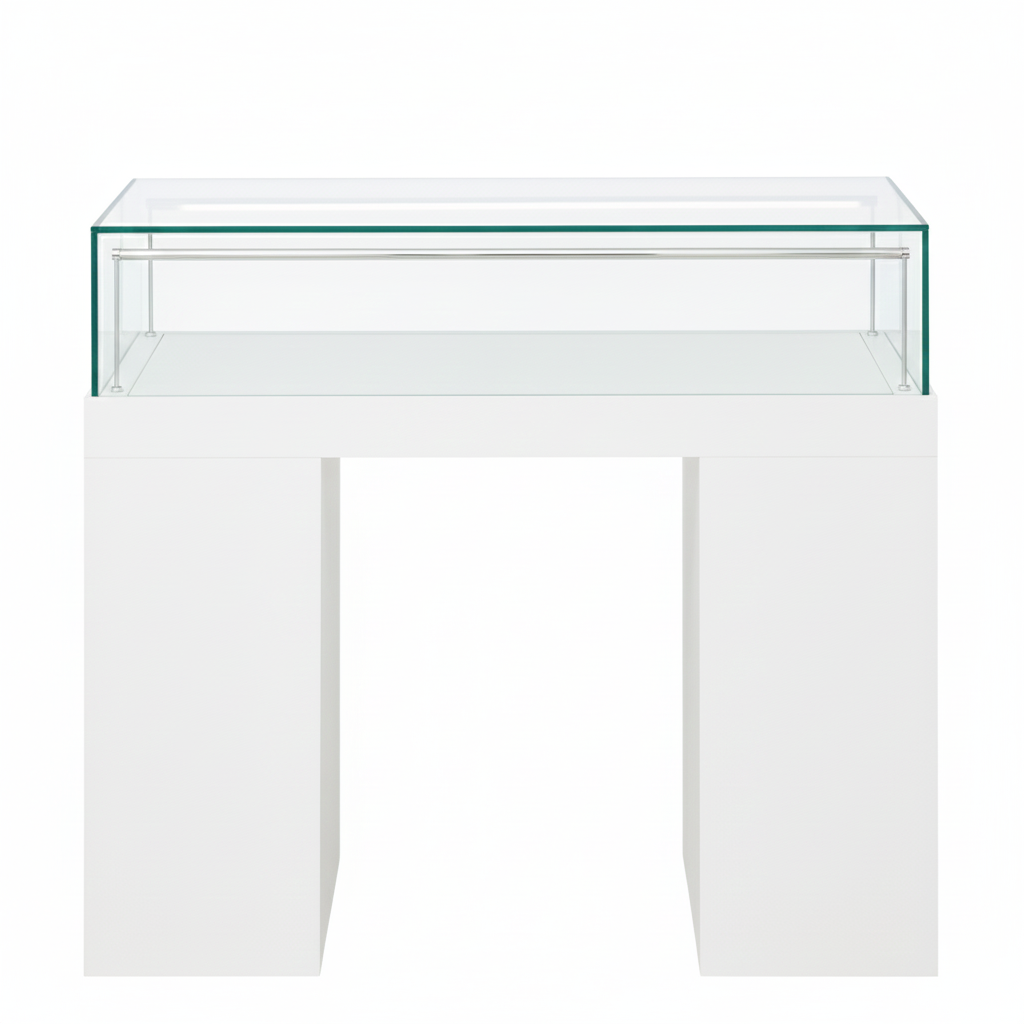 Halo White Glass Display Showcase Counter with Narrow Lockable Cupboard & 3 Drawers