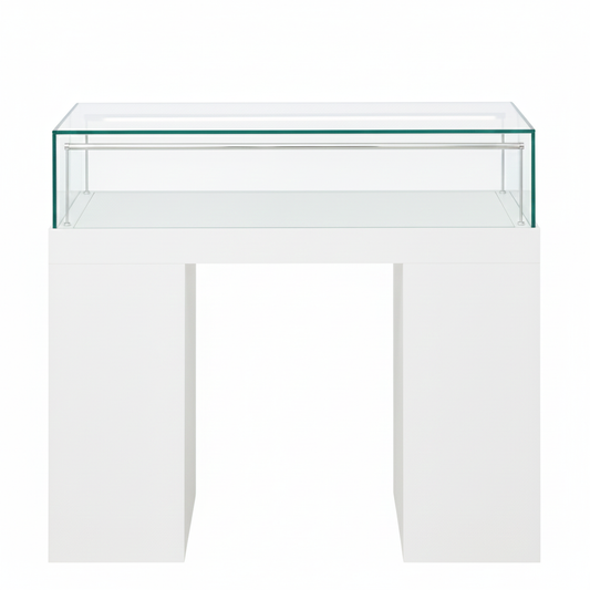 Halo White Glass Display Showcase Counter with Narrow Lockable Cupboard & 3 Drawers