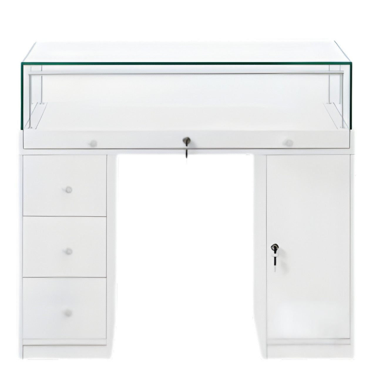 Halo White Glass Display Showcase Counter with Narrow Lockable Cupboard & 3 Drawers