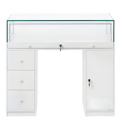 Halo White Glass Display Showcase Counter with Narrow Lockable Cupboard & 3 Drawers