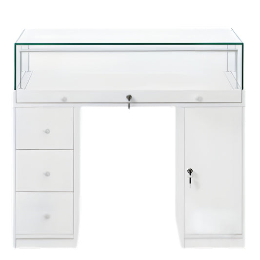 Halo White Glass Display Showcase Counter with Narrow Lockable Cupboard & 3 Drawers