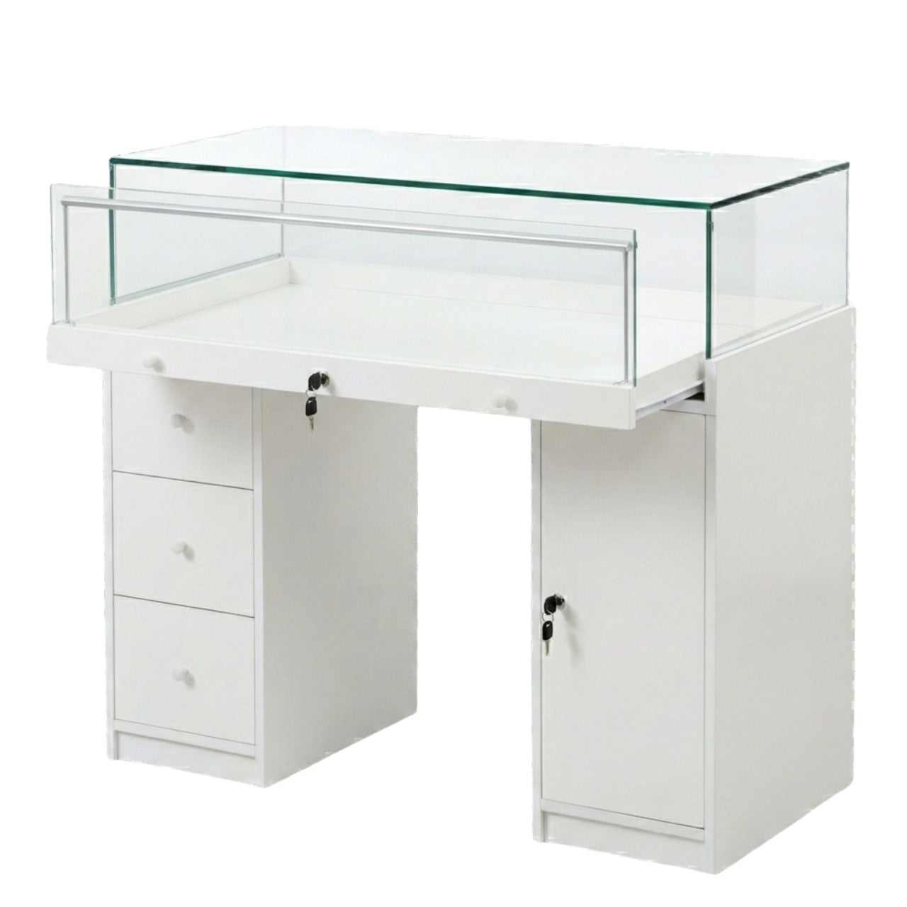 Halo White Glass Display Showcase Counter with Narrow Lockable Cupboard & 3 Drawers