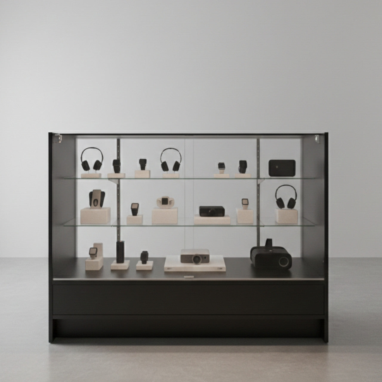 Aura Black Shop Counter With Glass Top 2 Shelves and Storage