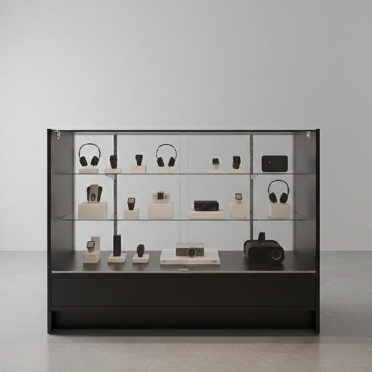 Aura Black Shop Counter With Glass Top 2 Shelves and Storage