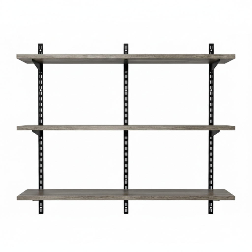 Black & Eternity Oak Twin Slot Shelving Kit - H1000 x W1200mm, 3 Uprights & 3 Wooden Shelves