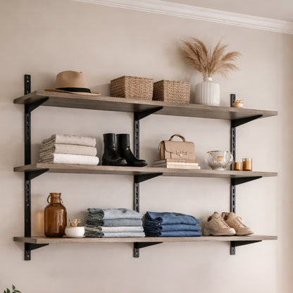 Black & Eternity Oak Twin Slot Shelving Kit - H1000 x W1200mm, 3 Uprights & 3 Wooden Shelves