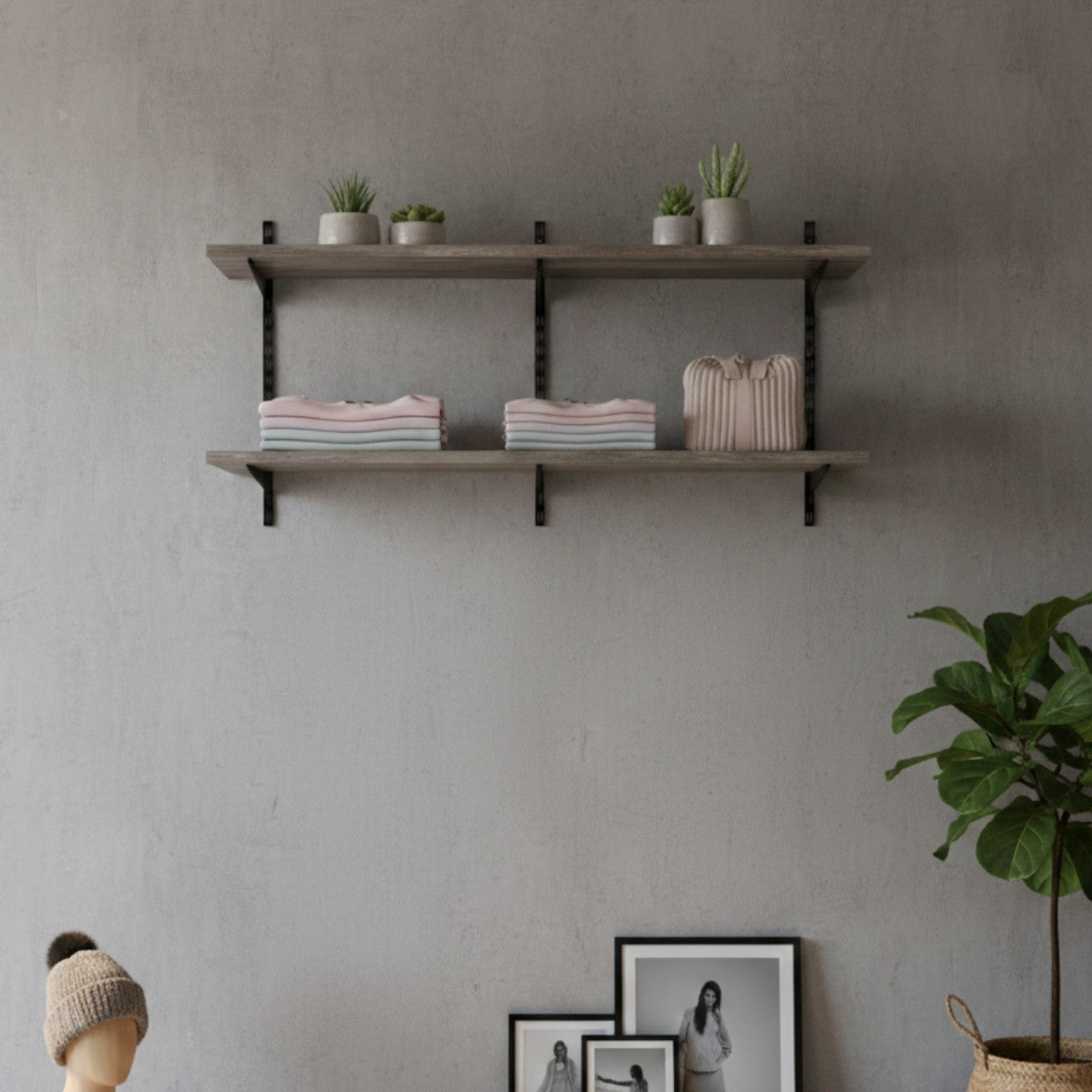 Black & Eternity Oak Twin Slot Shelving Kit - H430mm x W1200mm, 3 Uprights & 2 Wooden Shelves