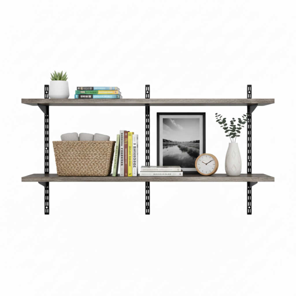 Black & Eternity Oak Twin Slot Shelving Kit - H430mm x W1200mm, 3 Uprights & 2 Wooden Shelves