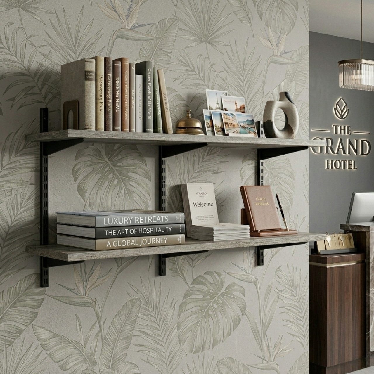Black & Eternity Oak Twin Slot Shelving Kit - H430mm x W1200mm, 3 Uprights & 2 Wooden Shelves