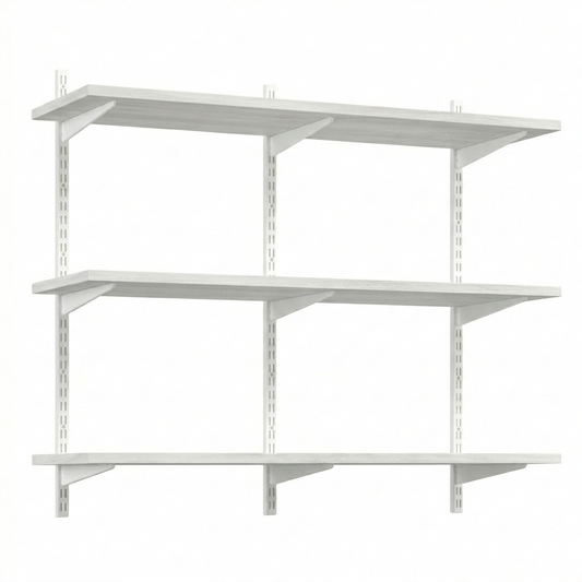 White Twin Slot Shelving Kit - H1000 x W1200mm, 3 Uprights & 3 Wooden Shelves