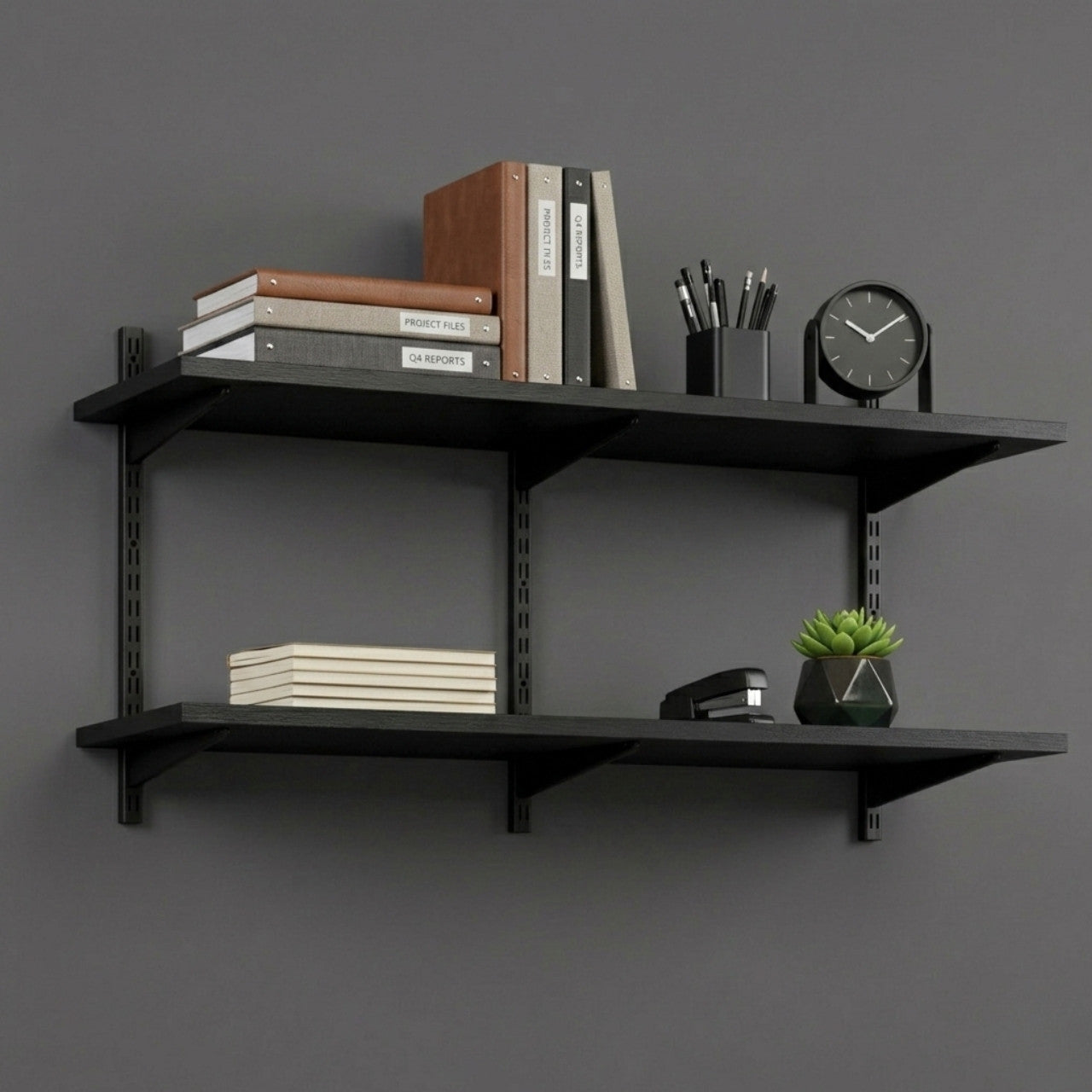 Black Twin Slot Shelving Kit - H430mm x W1200mm, 3 Uprights & 2 Wooden Shelves