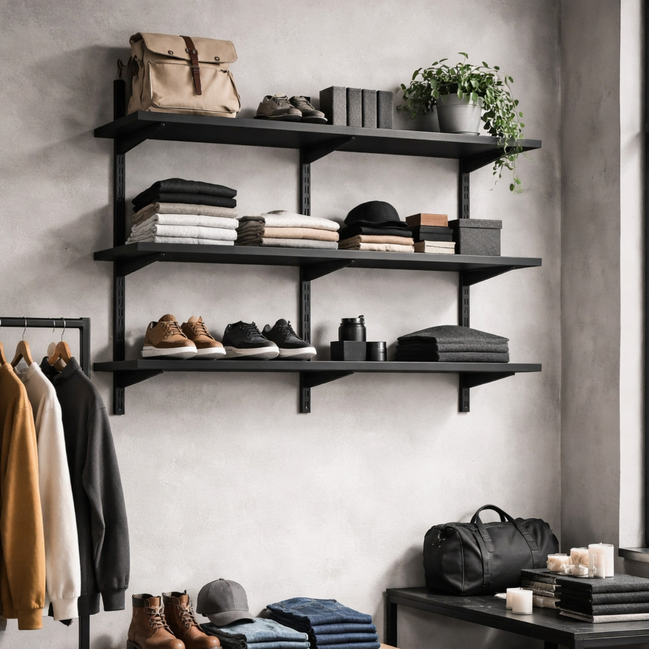 Black Twin Slot Shelving Kit - H1000 x W1200mm, 3 Uprights & 3 Wooden Shelves
