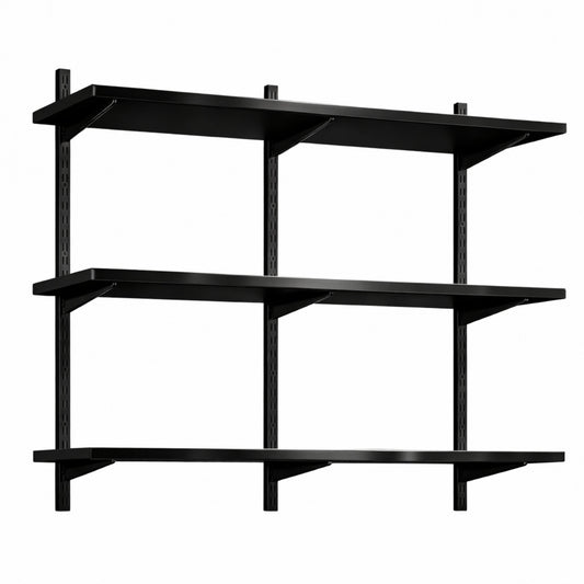 Black Twin Slot Shelving Kit - H1000 x W1200mm, 3 Uprights & 3 Wooden Shelves