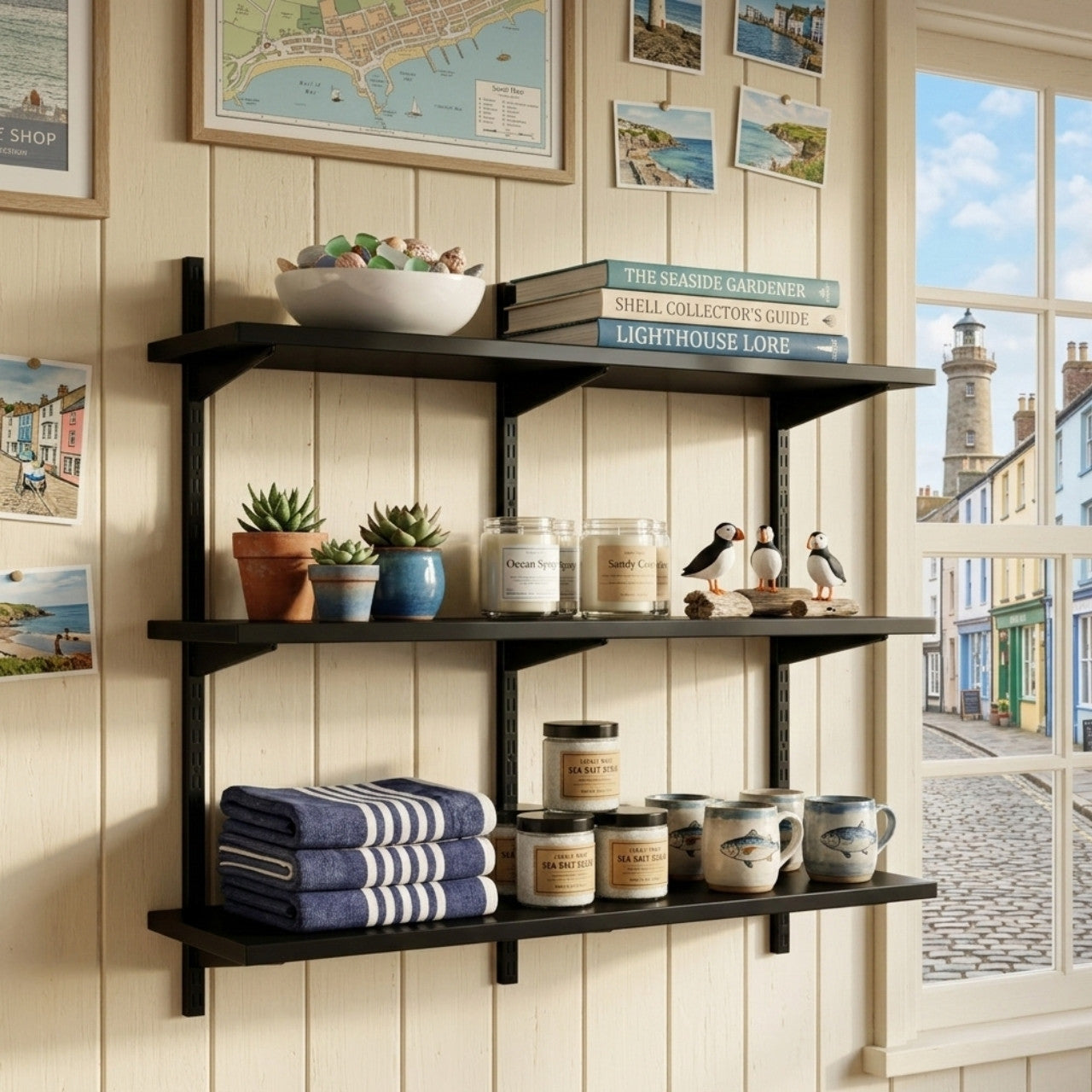 Black Twin Slot Shelving Kit - H1000 x W1200mm, 3 Uprights & 3 Wooden Shelves