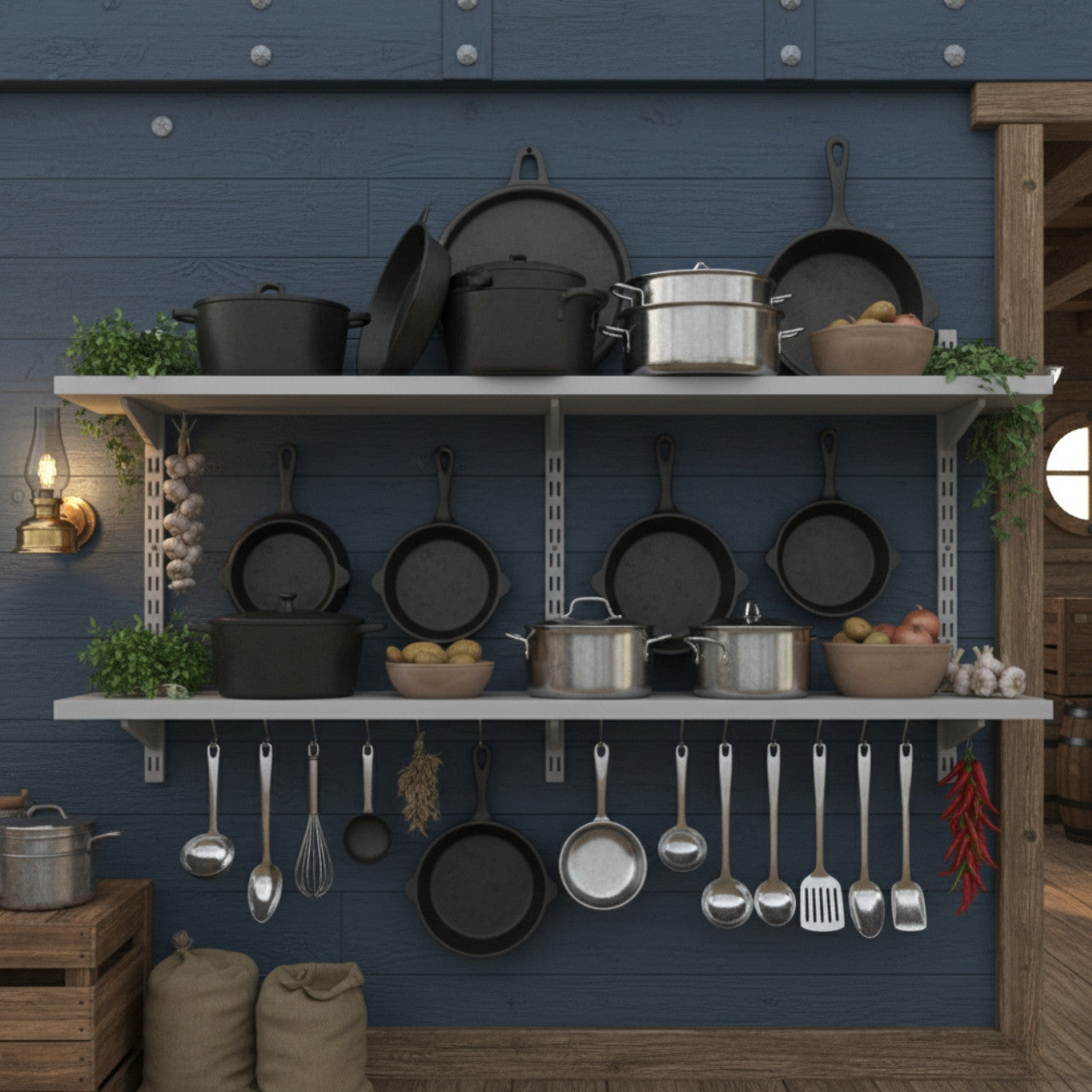Silver Twin Slot Shelving Kit - H430mm x W1200mm, 3 Uprights & 2 Dark Grey Wooden Shelves