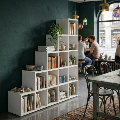 White Cube Stepped Shelving Display & Storage Unit -5 x 5