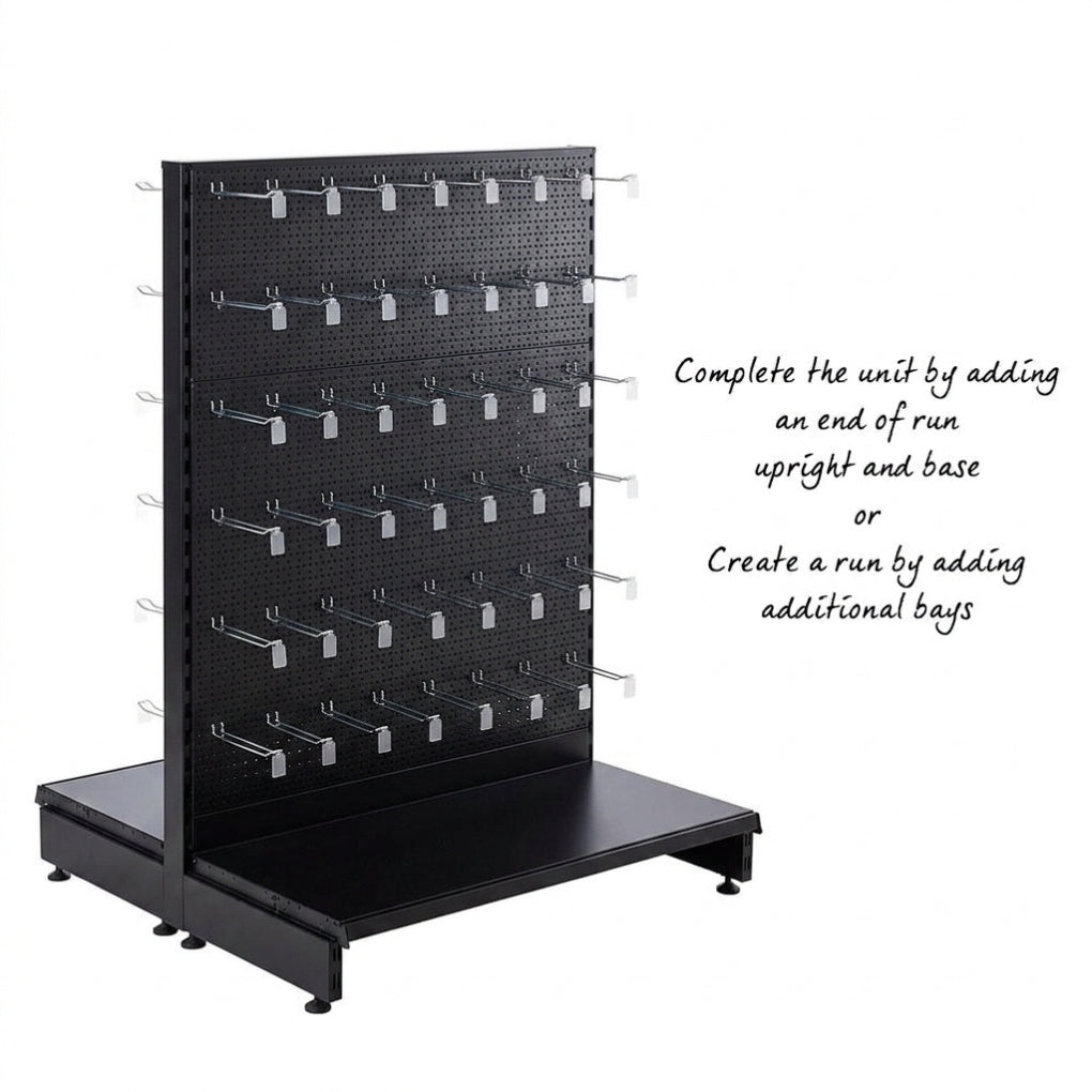 Black Modular Gondola Unit - Perforated Back Panels, Euro Hooks, Tickets Holders