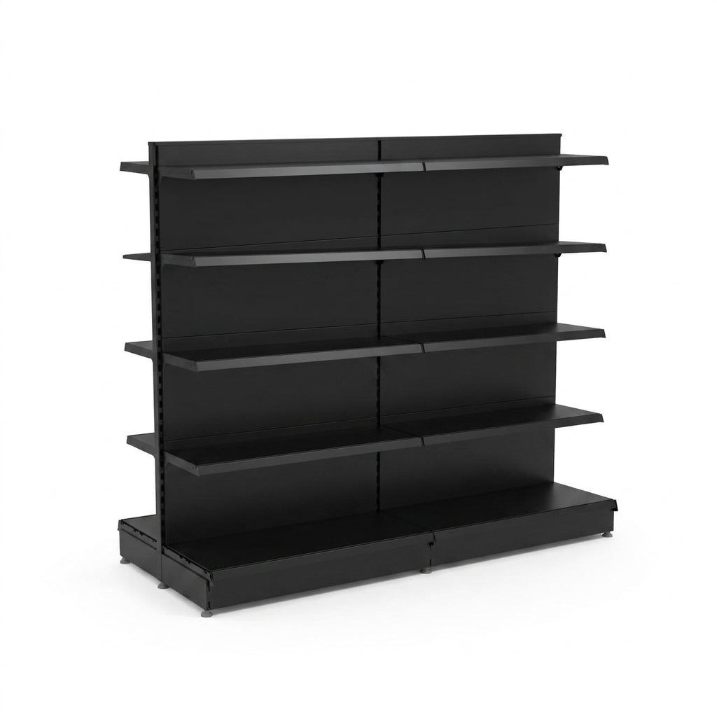 Black Retail Gondola Shelving - H1800mm - 2 Bays With 470mm Base Shelf - 16 Shelves