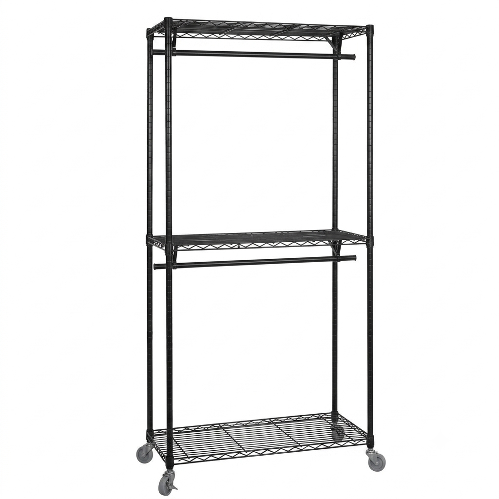 Black Wire Clothes Rack with Wheels - H2175mm - 2 x Rail & 3 x Shelves