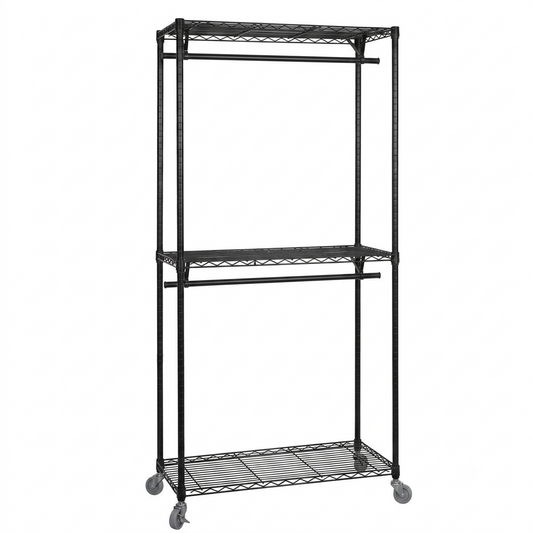 Black Wire Clothes Rack with Wheels - H2175mm - 2 x Rail & 3 x Shelves