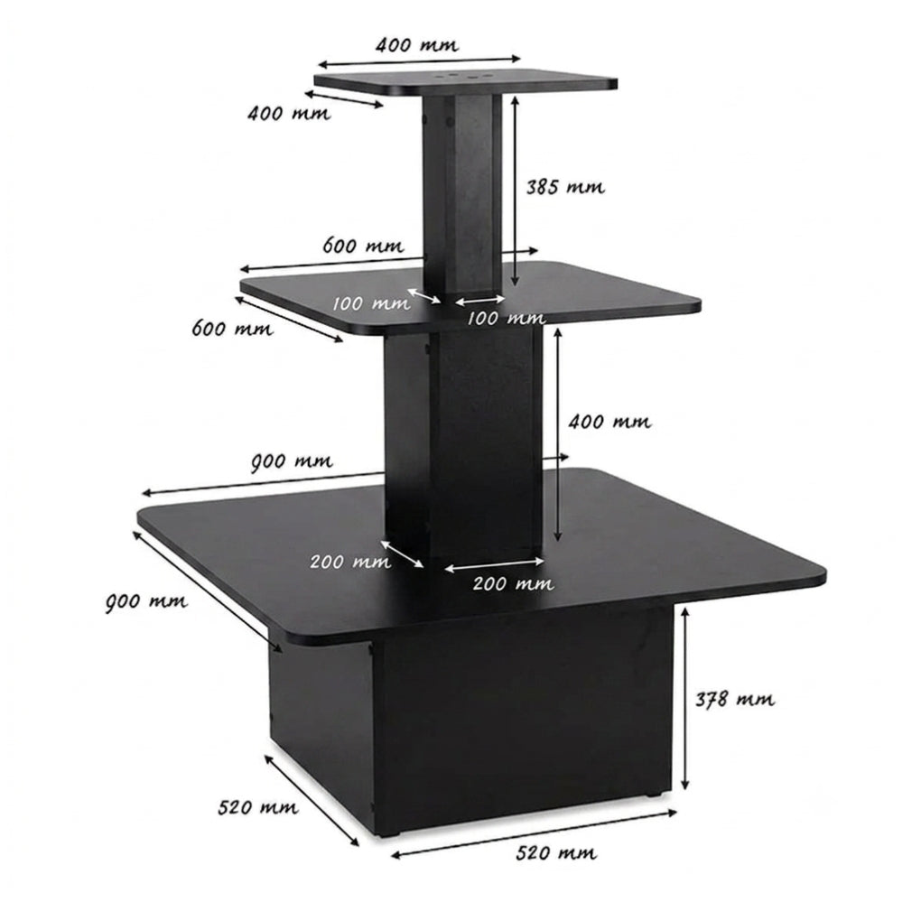A black three-tier wooden display stand with dimension annotations showing measurements in millimeters on a white background.