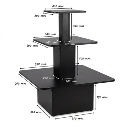 A black three-tier wooden display stand with dimension annotations showing measurements in millimeters on a white background.