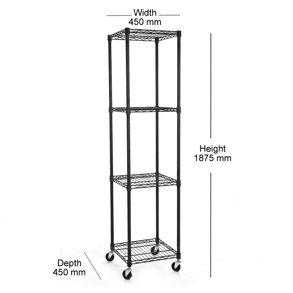 4 Tier Black Wire Shelving Unit with Wheels - H1875 x W450 x D450mm