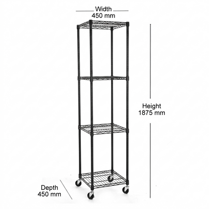 4 Tier Black Wire Shelving Unit with Wheels - H1875 x W450 x D450mm