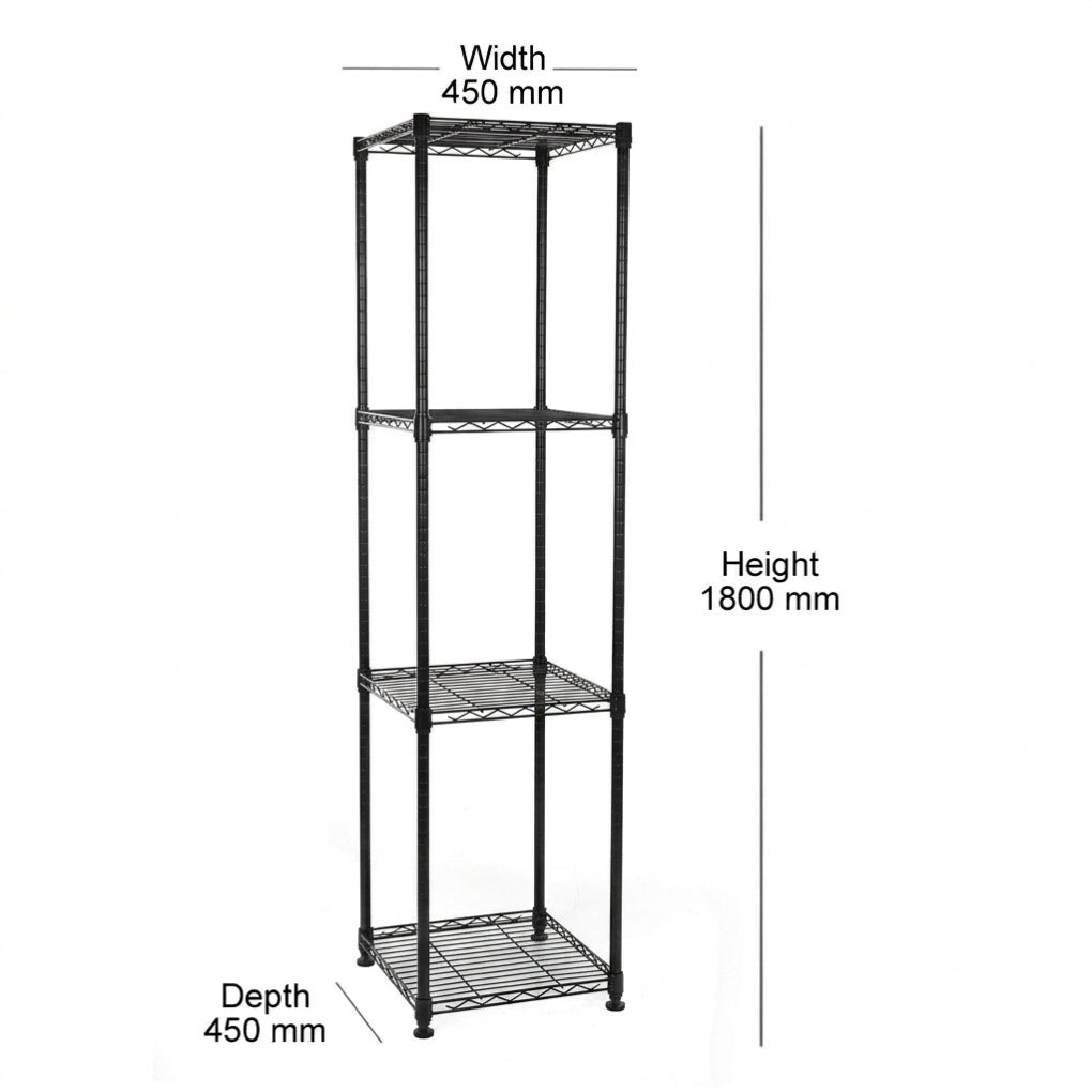 4 Tier Square Black Wire Shelving Unit - H1800 x W450 x D450mm